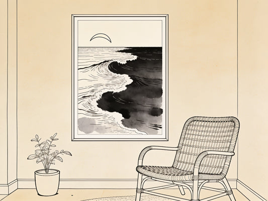 Illustration ligne noire et beige d'un salon esprit bord de mer avec une affiche murale abstraite vague et horizon
