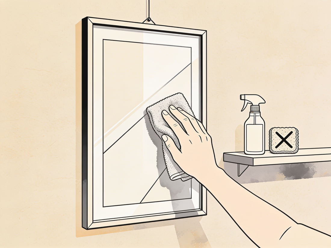 Illustration ligne noire sur fond beige d'une main nettoyant avec un chiffon microfibre le verre d'un poster encadré