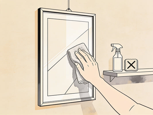 Illustration ligne noire sur fond beige d'une main nettoyant avec un chiffon microfibre le verre d'un poster encadré