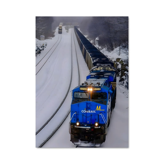 Poster Train Bleu dans la Neige
